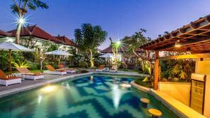 Outdoor pool, pool umbrellas, pool loungers