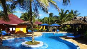 Outdoor pool, pool umbrellas, pool loungers