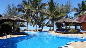 Outdoor pool, pool umbrellas, pool loungers