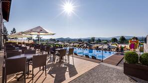 Indoor pool, outdoor pool, pool umbrellas, sun loungers