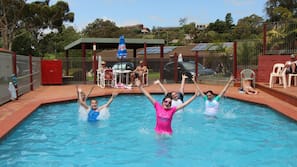 Seasonal outdoor pool, pool umbrellas