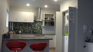 Fridge, microwave, hob, coffee/tea maker