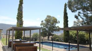 Seasonal outdoor pool, open 8:00 AM to 6:30 PM, pool loungers