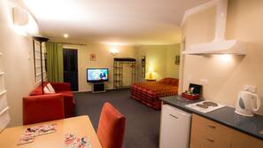 Fridge, microwave, hob, coffee/tea maker
