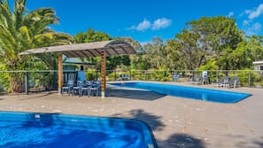2 outdoor pools, open 8:00 AM to 8:00 PM, pool loungers