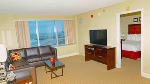 42-inch flat-screen TV with cable channels, DVD player