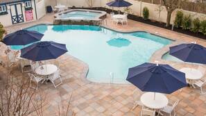 Outdoor pool, pool umbrellas, sun loungers