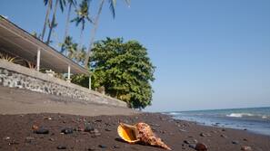 Di pantai, pasir hitam, kursi berjemur, dan payung pantai