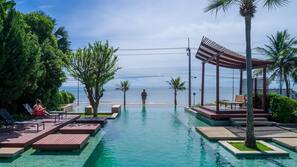 Outdoor pool, pool umbrellas, pool loungers