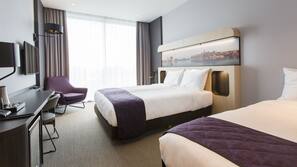 In-room safe, desk, laptop workspace, blackout curtains