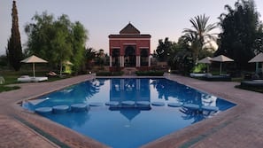 Outdoor pool, open 9:00 AM to 8:00 PM, pool umbrellas, pool loungers