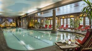 Indoor pool, seasonal outdoor pool, pool umbrellas, sun loungers