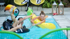 Outdoor pool, pool umbrellas, pool loungers