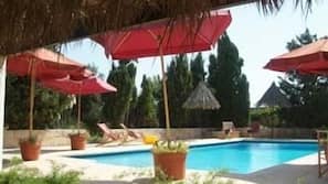Outdoor pool, pool umbrellas, pool loungers