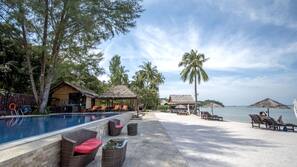 Outdoor pool, pool umbrellas, pool loungers