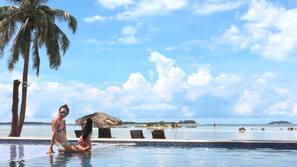 Outdoor pool, pool umbrellas, pool loungers