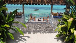 On the beach, white sand, beach bar
