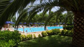 Piscina stagionale all'aperto, ombrelloni da piscina, lettini