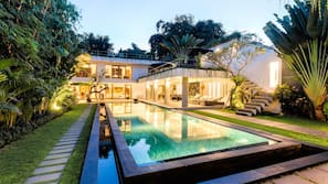 Outdoor pool, pool umbrellas, pool loungers