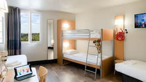 Down comforters, desk, blackout drapes, soundproofing