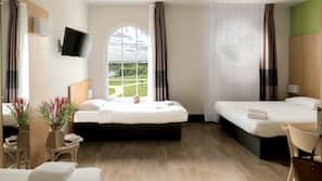 Down comforters, desk, blackout drapes, soundproofing