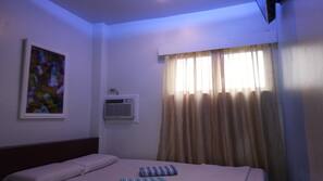 Desk, blackout curtains