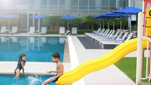 Outdoor pool, pool umbrellas, pool loungers