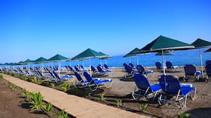 On the beach, sun-loungers, beach umbrellas, beach towels