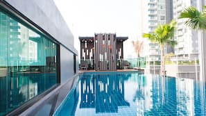 Outdoor pool, pool umbrellas, pool loungers