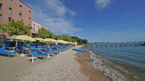 Privatstrand, Liegestühle, Sonnenschirme, Strandtücher