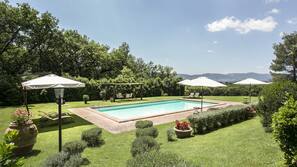 Piscina stagionale all'aperto, ombrelloni da piscina, lettini