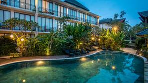 2 outdoor pools, open 7:00 AM to 7:00 PM, pool loungers