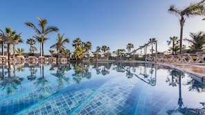 Outdoor pool, pool umbrellas, pool loungers
