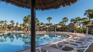 Outdoor pool, pool umbrellas, pool loungers