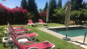 Seasonal outdoor pool, pool umbrellas, pool loungers
