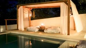 Outdoor pool, pool umbrellas, pool loungers