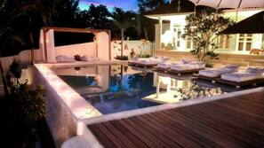 Outdoor pool, pool umbrellas, pool loungers