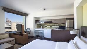 Fridge, microwave, hob, coffee/tea maker