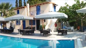 Seasonal outdoor pool, pool umbrellas, pool loungers