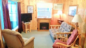 Flat-screen TV, fireplace, DVD player