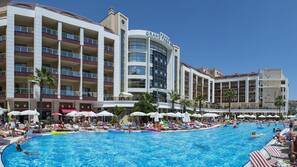 Indoor pool, outdoor pool, pool umbrellas, pool loungers