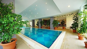 Indoor pool, outdoor pool, pool umbrellas, pool loungers