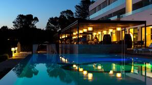 Indoor pool, outdoor pool, pool loungers