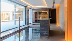 Indoor pool, outdoor pool, pool loungers