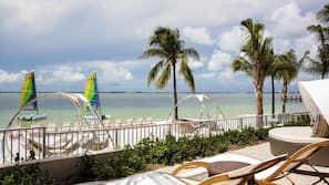 On the beach, sun loungers, beach umbrellas, beach towels