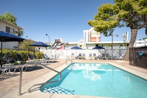 Seasonal outdoor pool, pool umbrellas, sun loungers