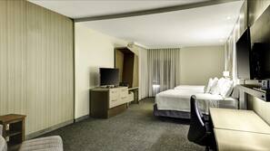In-room safe, desk, laptop workspace, blackout curtains