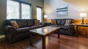 Flat-screen TV, fireplace, DVD player