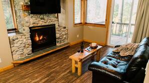 42-inch flat-screen TV with satellite channels, fireplace