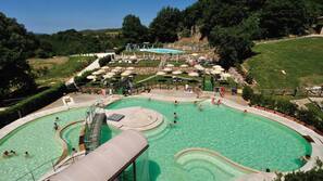 Piscina stagionale all'aperto, ombrelloni da piscina, lettini
